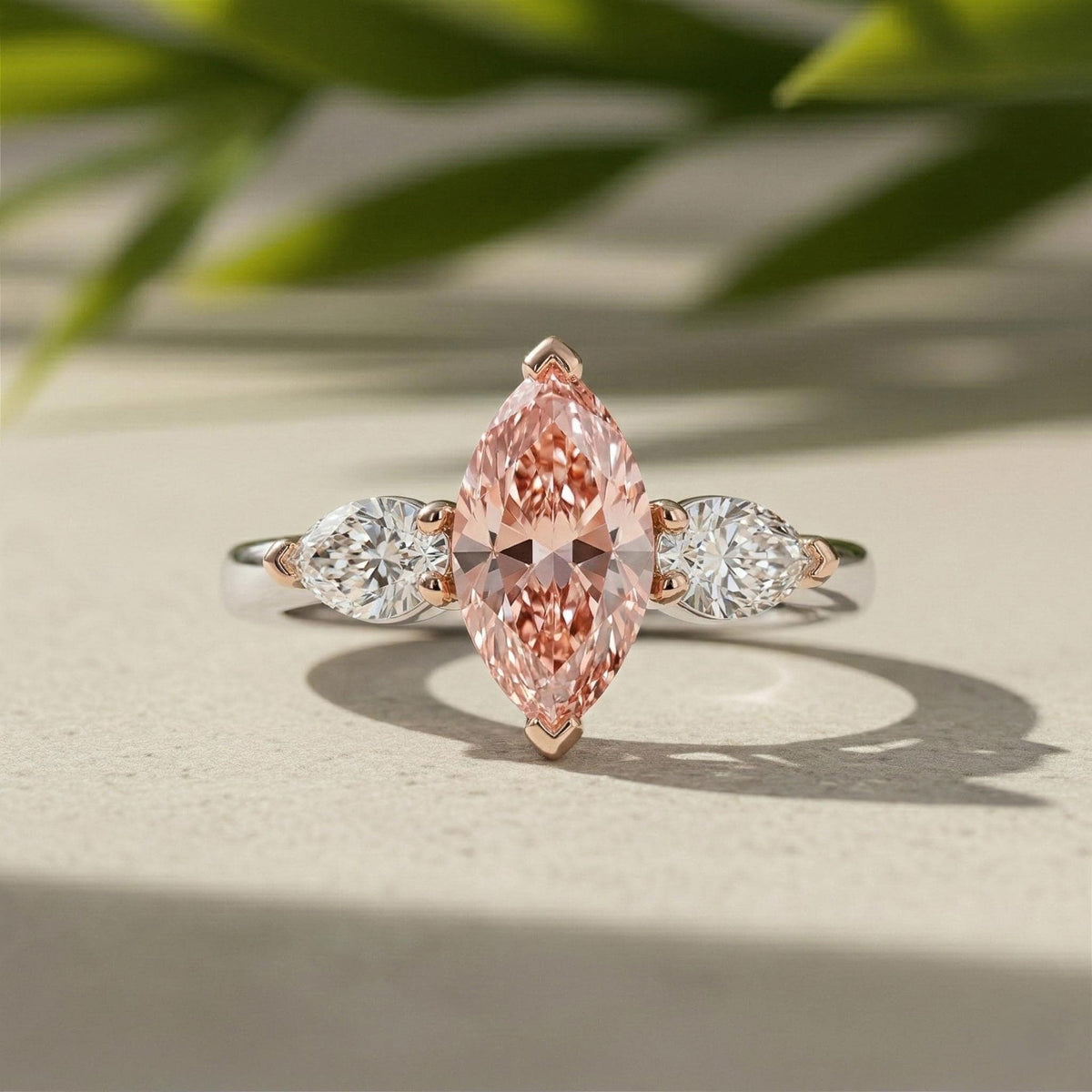 Marquise Pink Lab Diamond Three Stone Ring, 14K Two Tone Pear Stones (IGI Certified)