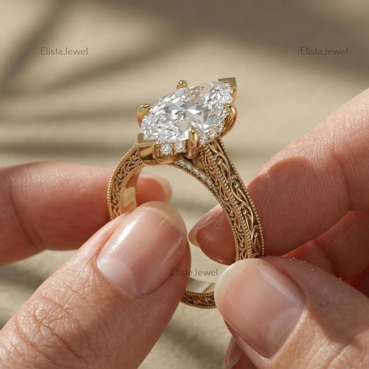 Marquise Lab Grown Diamond Engagement Ring, Vintage Yellow Gold Filigree Solitaire