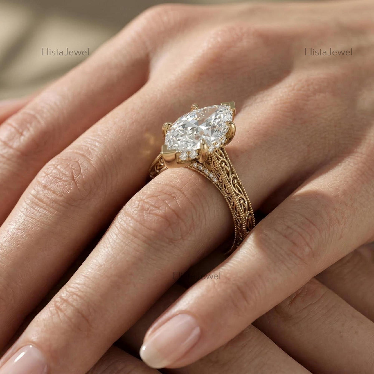 Marquise Lab Grown Diamond Engagement Ring, Vintage Yellow Gold Filigree Solitaire