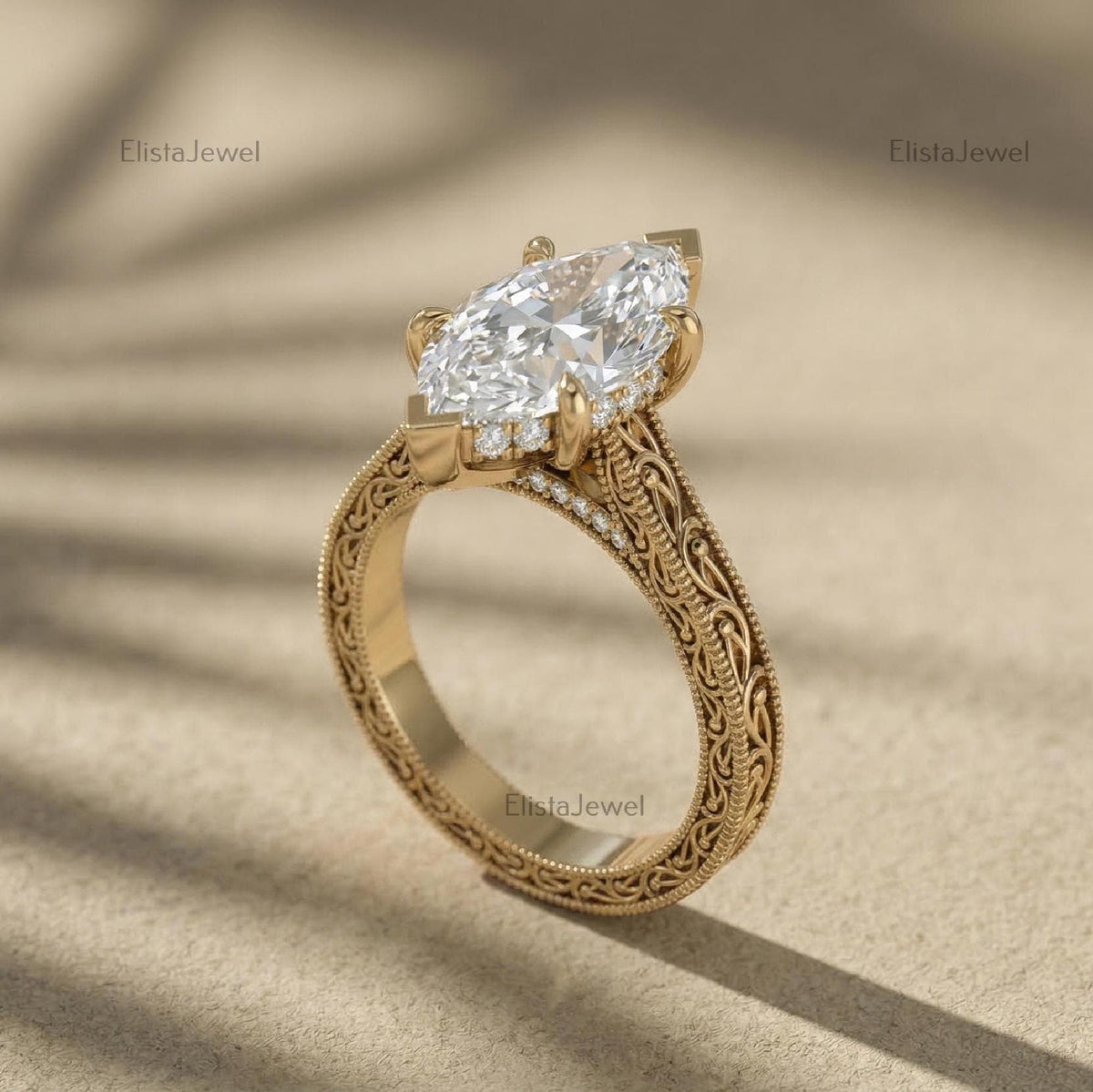 Marquise Lab Grown Diamond Engagement Ring, Vintage Yellow Gold Filigree Solitaire