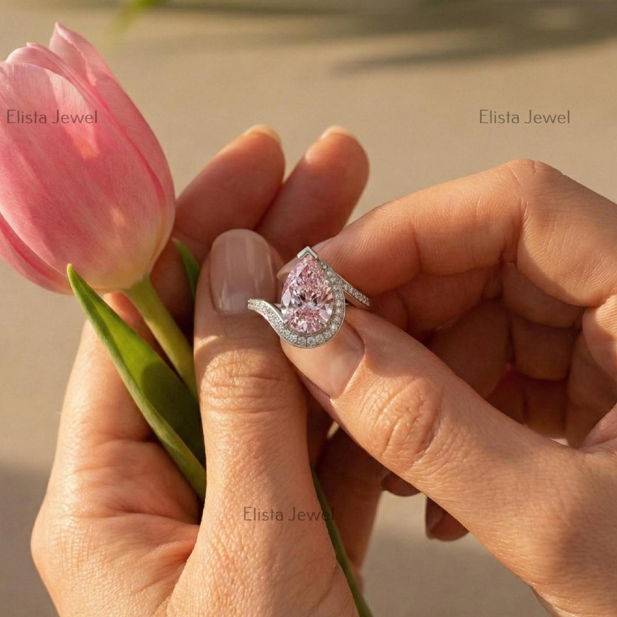 Pear Shaped Pink Lab Diamond Bypass Ring, IGI Certified White Gold Engagement For Women