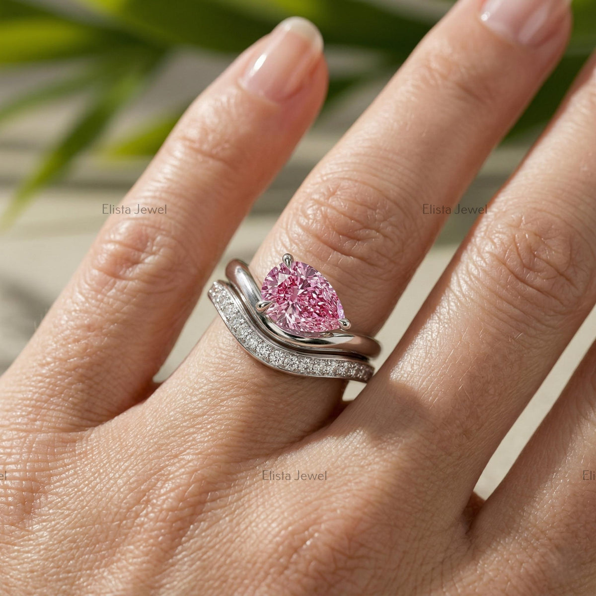 Pear Lab Grown Diamond Set, 14K White Gold Pave Band, IGI Certified Pink Ring