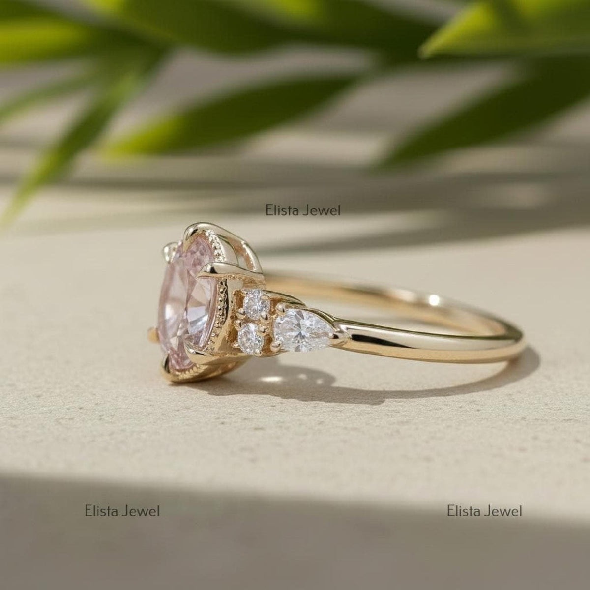Pink Diamond Ring Fancy Oval Lab-Grown Yellow Gold Engagement