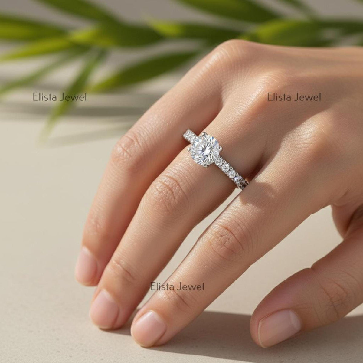Round Lab-Grown Diamond Solitaire Engagement Ring In 14K Solid White Gold With pave setting
