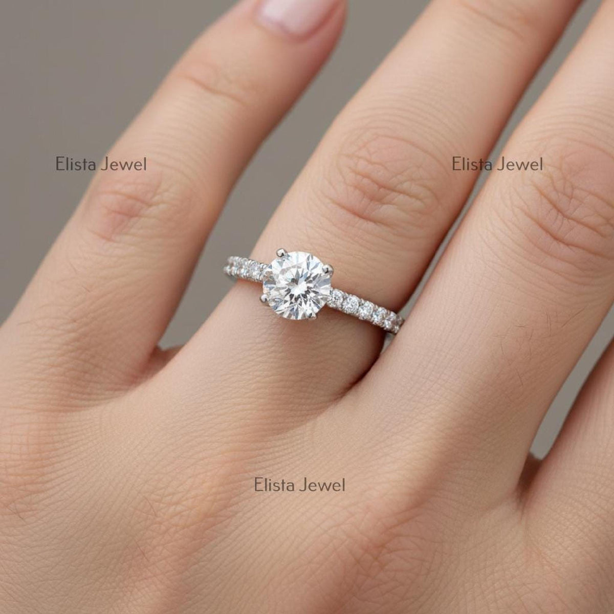 Round Lab-Grown Diamond Solitaire Engagement Ring In 14K Solid White Gold With pave setting