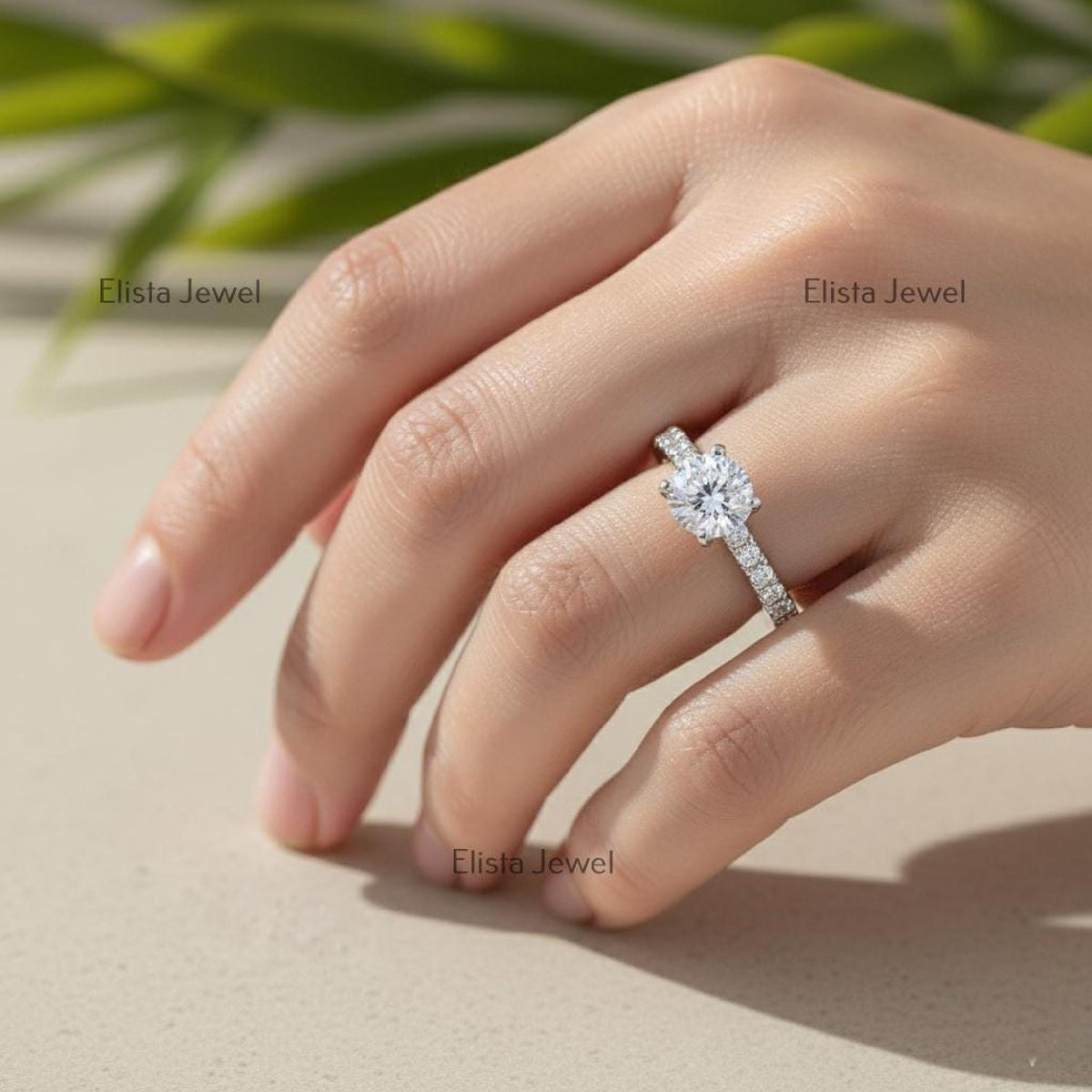 Round Lab-Grown Diamond Solitaire Engagement Ring In 14K Solid White Gold With pave setting
