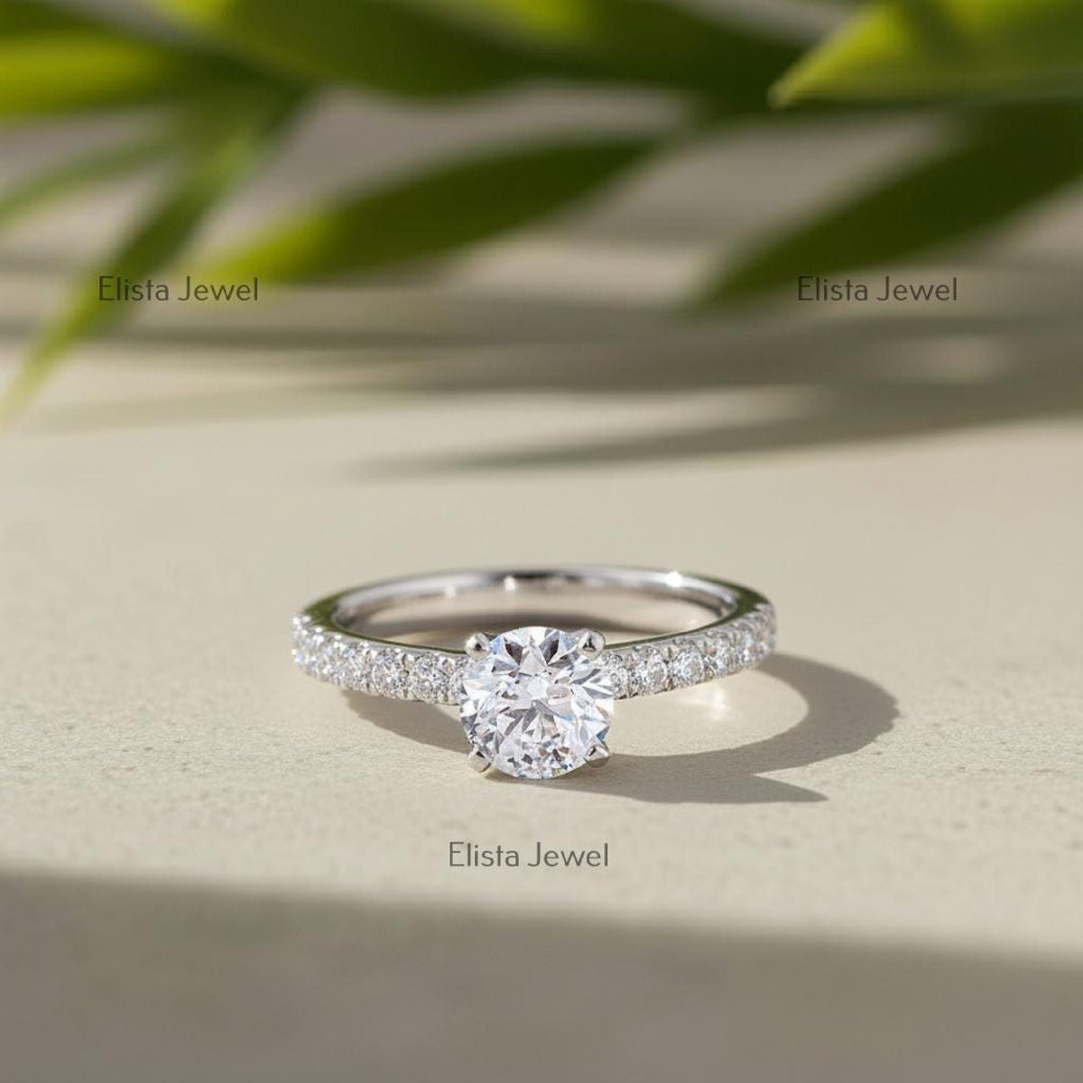 Round Lab-Grown Diamond Solitaire Engagement Ring In 14K Solid White Gold With pave setting