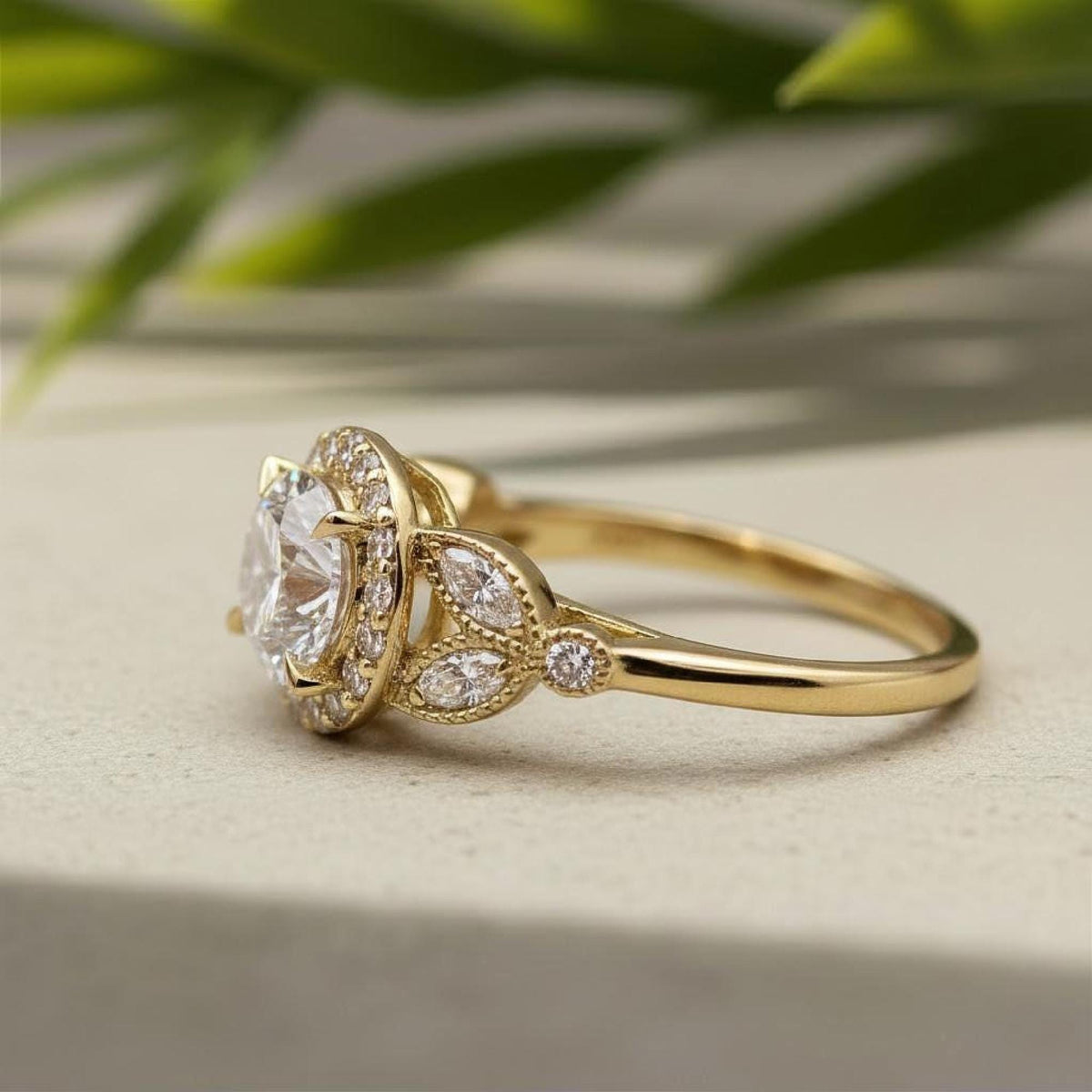 Round Diamond Halo Ring Lab-Grown Engagement 18k Yellow Gold Floral Marquise Accents