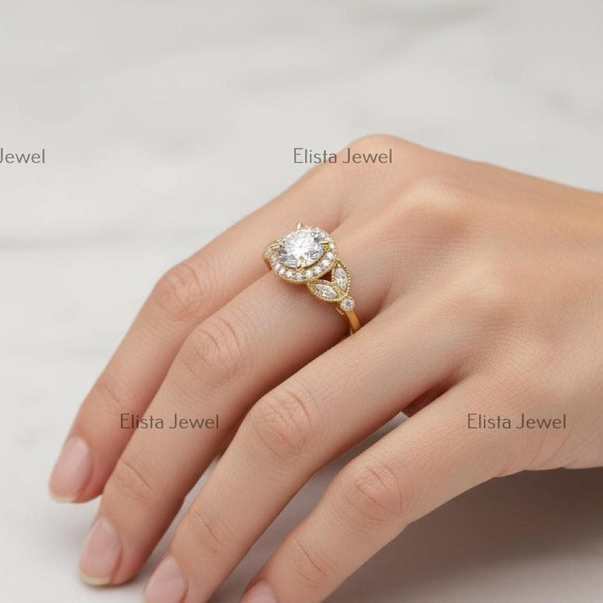 Round Diamond Halo Ring Lab-Grown Engagement 18k Yellow Gold Floral Marquise Accents