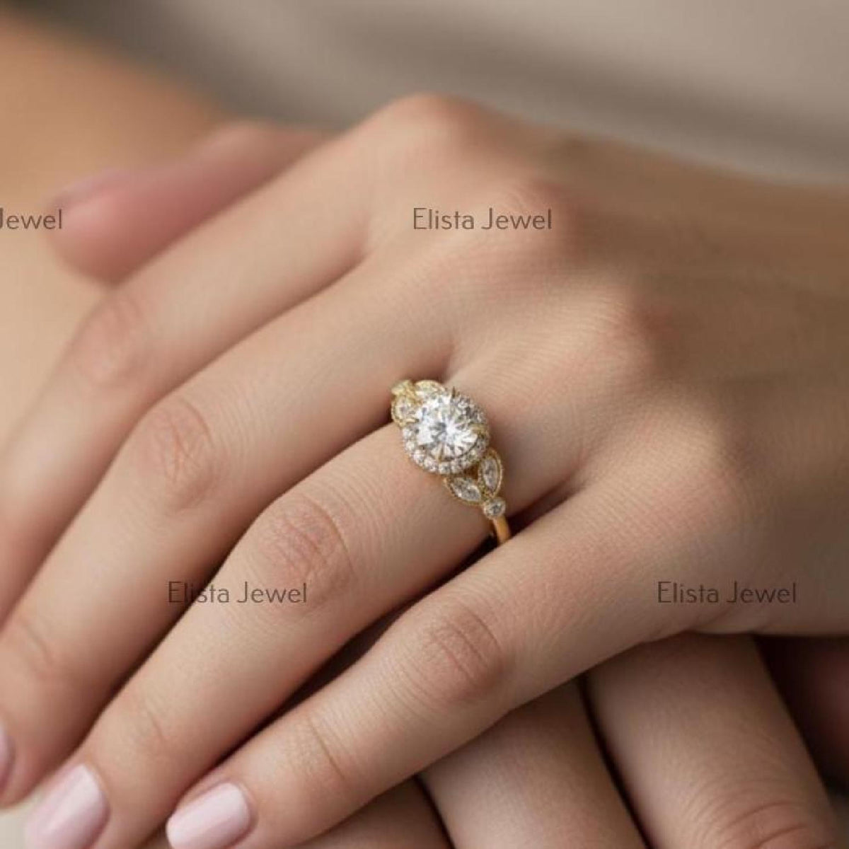 Round Diamond Halo Ring Lab-Grown Engagement 18k Yellow Gold Floral Marquise Accents