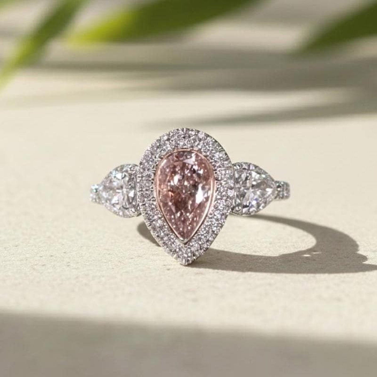 Pink Diamond Ring Fancy Pear Cut Lab-Grown Double Halo White Gold