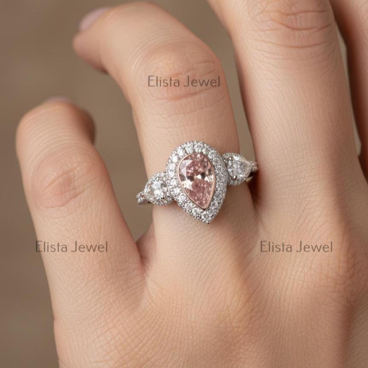 Pink Diamond Ring Fancy Pear Cut Lab-Grown Double Halo White Gold