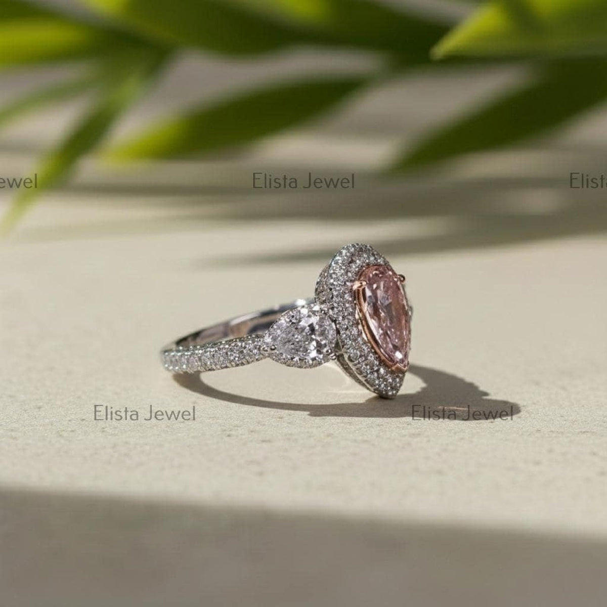 Pink Diamond Ring Fancy Pear Cut Lab-Grown Double Halo White Gold