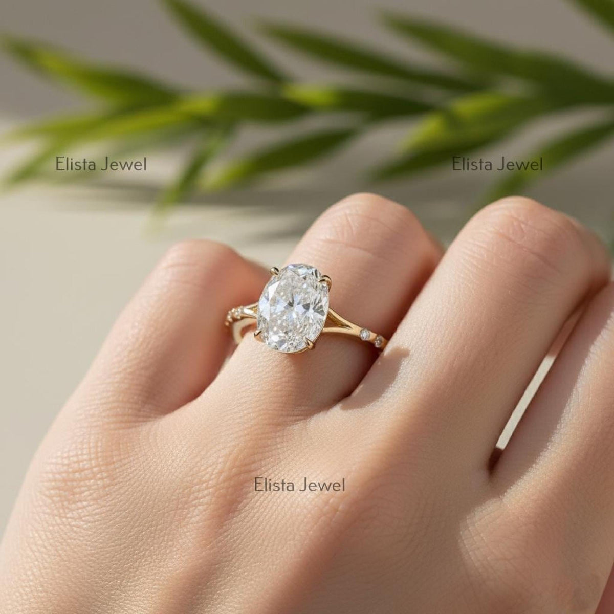 Oval Diamond Ring Lab-Grown Engagement 18K Yellow Gold Hidden Blue Gem
