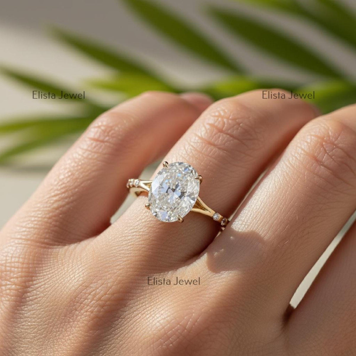 Oval Diamond Ring Lab-Grown Engagement 18K Yellow Gold Hidden Blue Gem