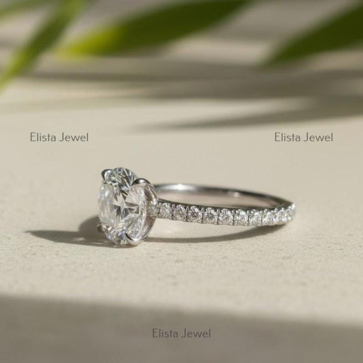 Solitaire Ring Round Diamond Lab-Grown Pave Band Engagement 10K Solid White Gold
