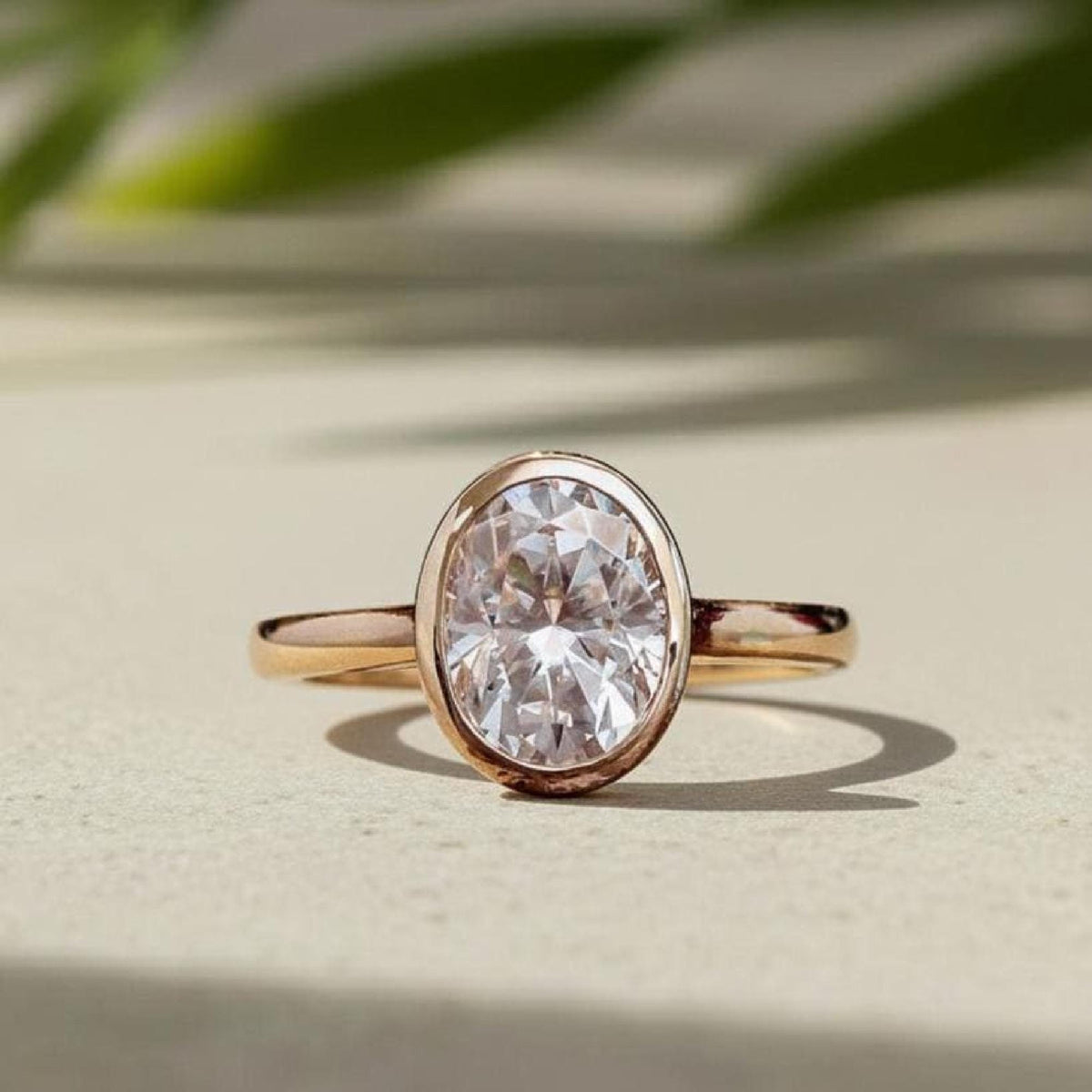 Oval Diamond Ring Lab-Grown 14K Rose Gold Bezel Solitaire