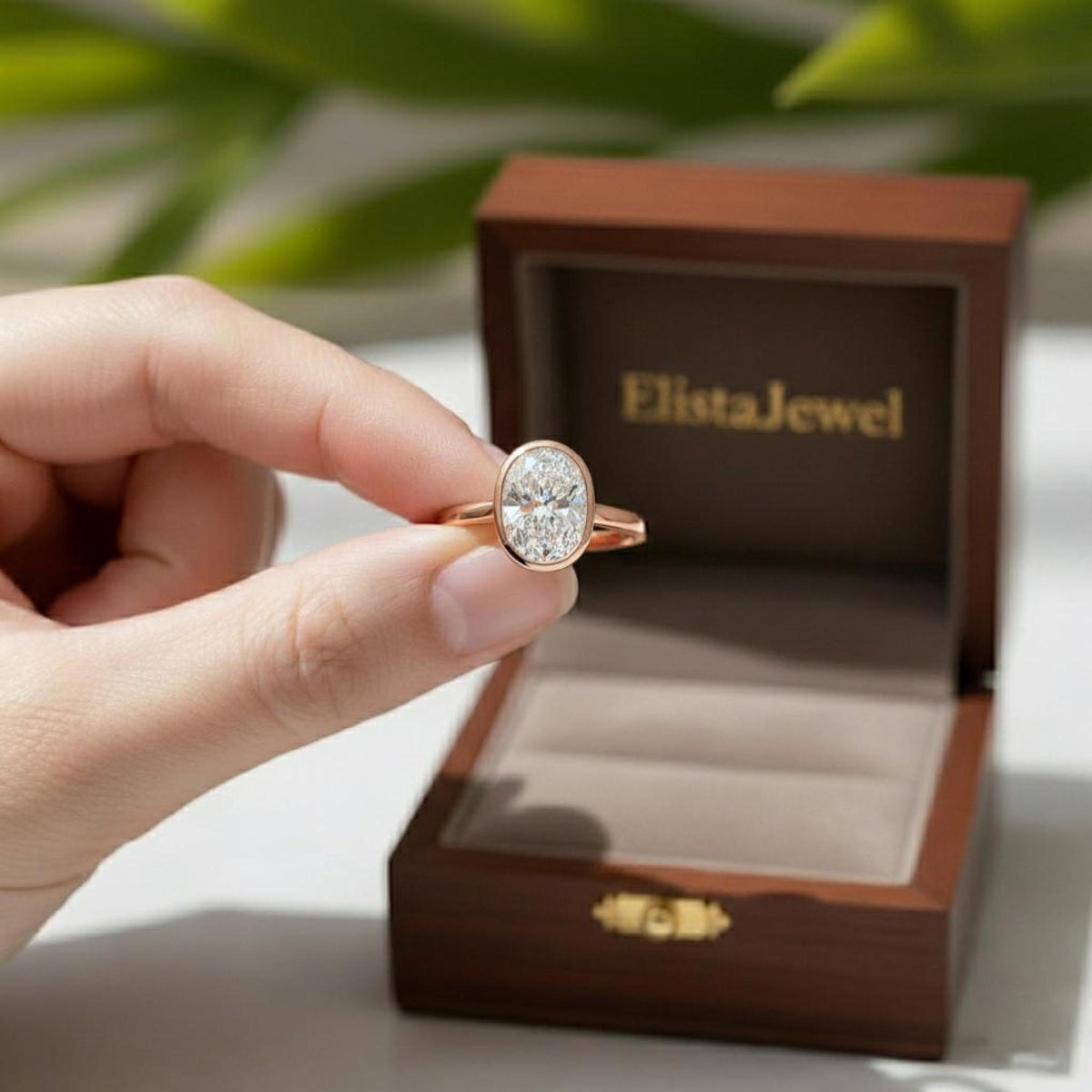 Oval Diamond Ring Lab-Grown 14K Rose Gold Bezel Solitaire