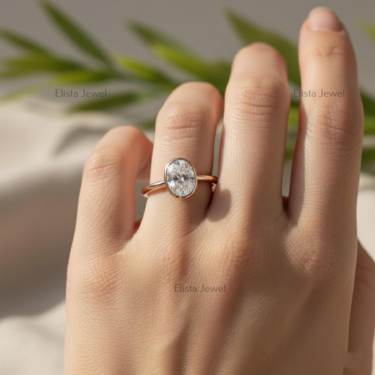 Oval Diamond Ring Lab-Grown 14K Rose Gold Bezel Solitaire