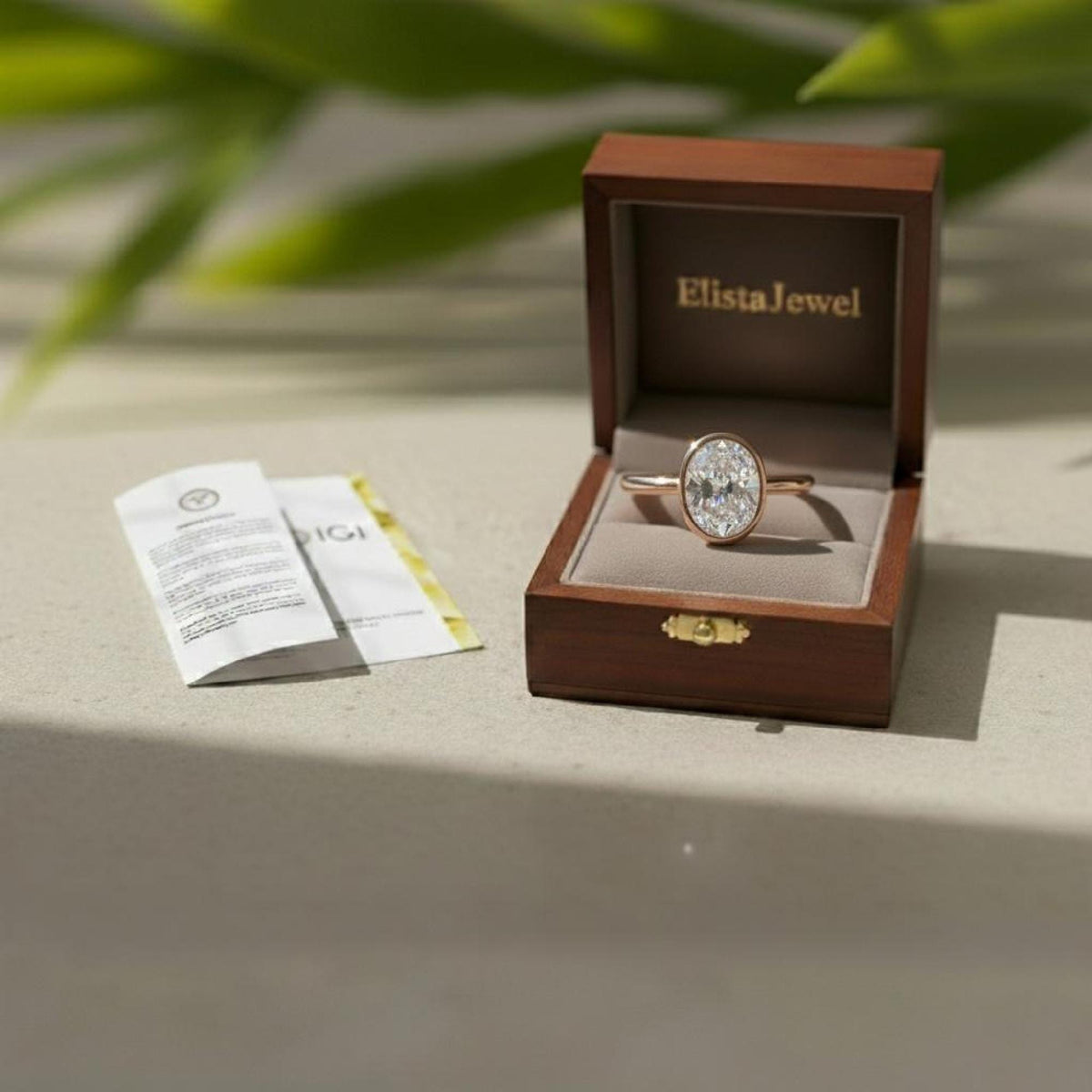 Oval Diamond Ring Lab-Grown 14K Rose Gold Bezel Solitaire