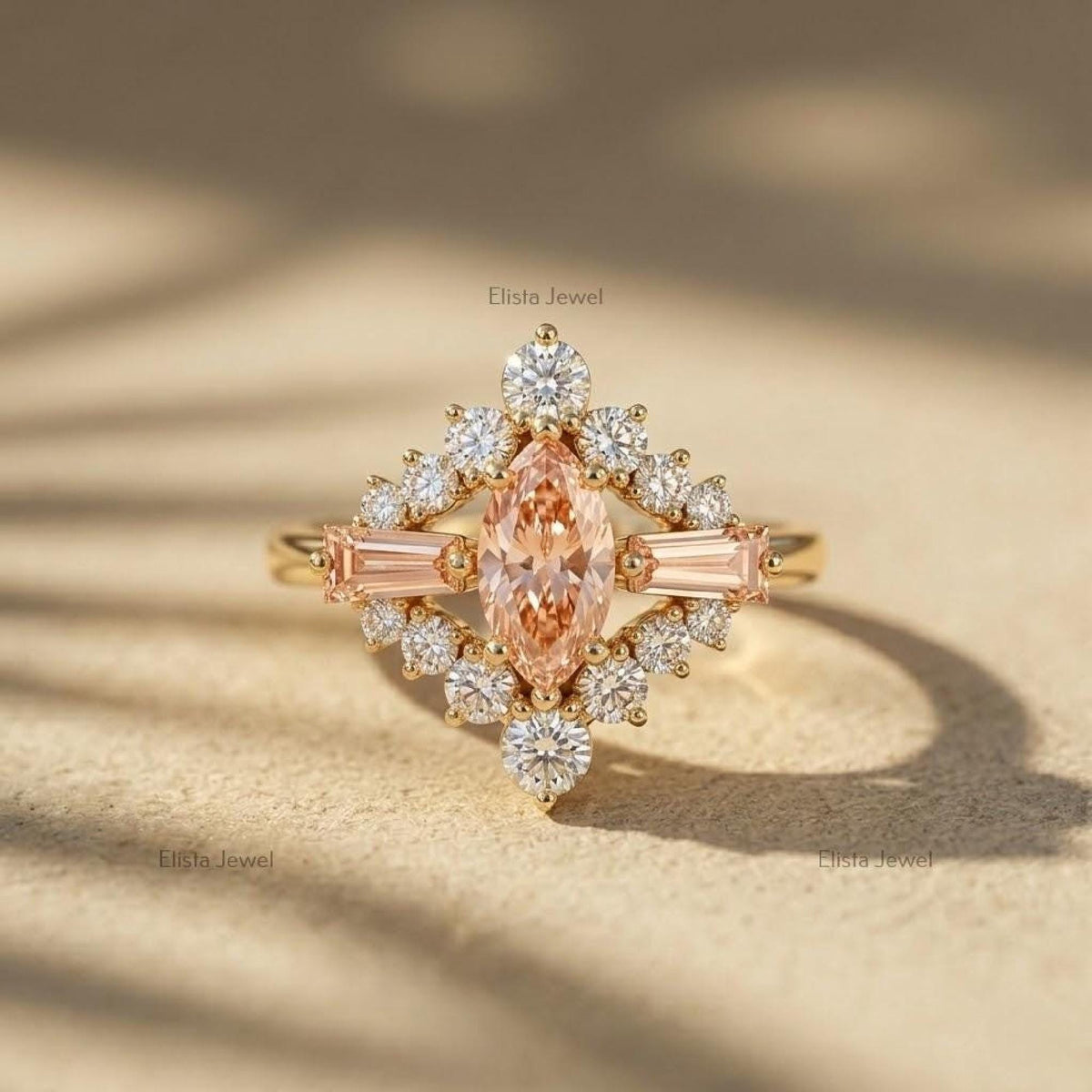 Marquise Peach Diamond Halo Engagement Ring, 18K Yellow Gold, Vintage Sparkle