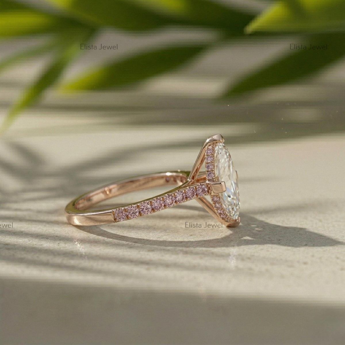 Marquise Lab Grown Diamond Engagement Ring, Rose Gold Pave Band, Minimalist Bridal Ring
