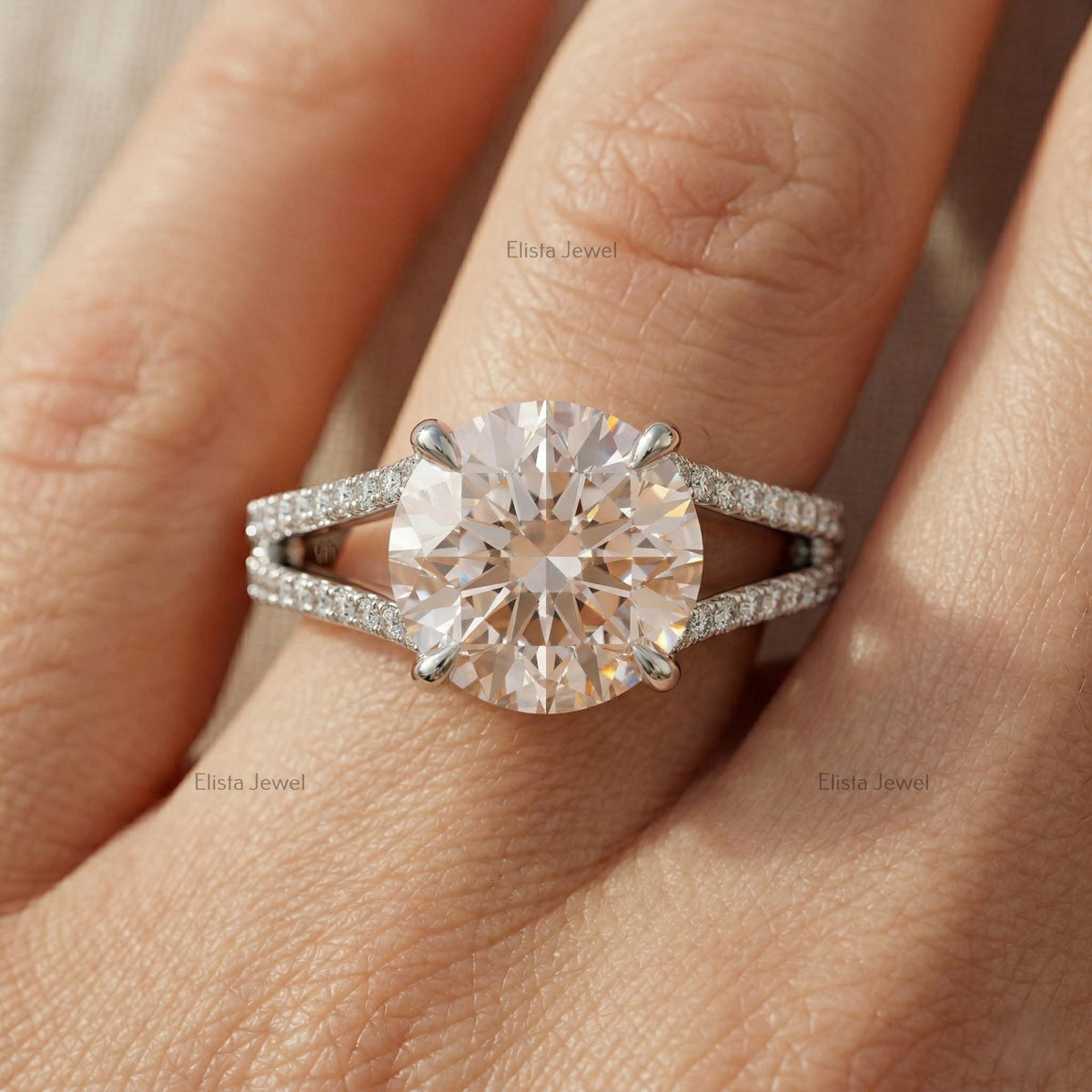 Round Lab Grown Diamond Split Shank Engagement Ring, Peach Solitaire, Micro Pave Band (IGI Certified)
