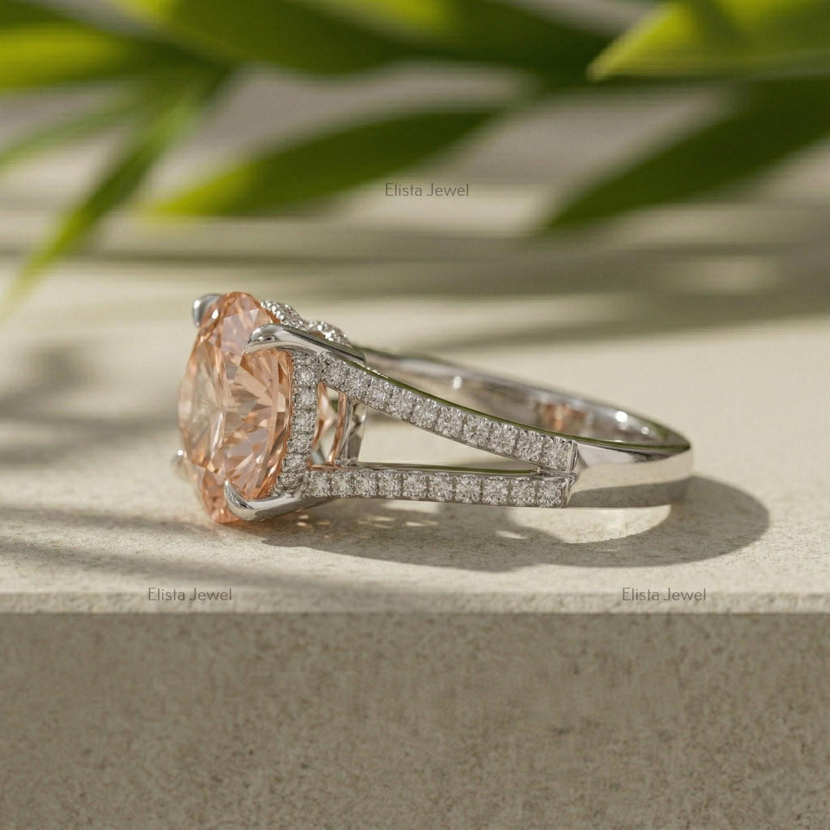 Round Lab Grown Diamond Split Shank Engagement Ring, Peach Solitaire, Micro Pave Band (IGI Certified)