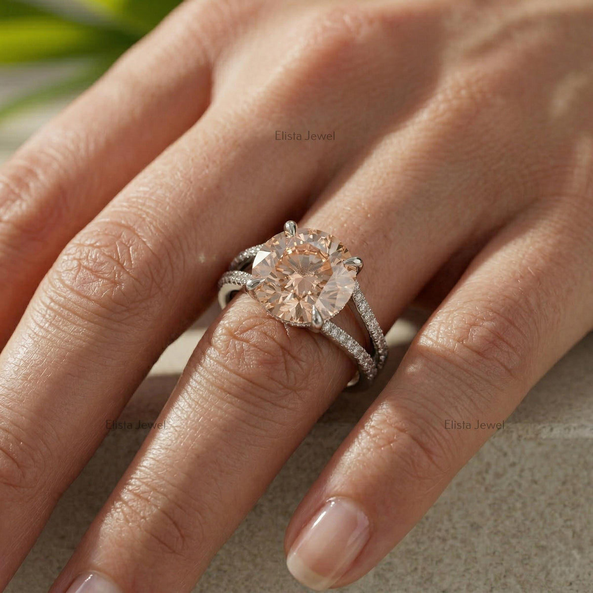 Round Lab Grown Diamond Split Shank Engagement Ring, Peach Solitaire, Micro Pave Band (IGI Certified)