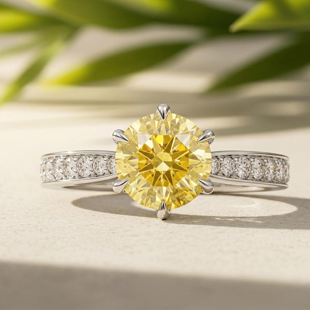 Round Lab Grown Yellow Diamond Engagement Ring, Pave Band, IGI Certified