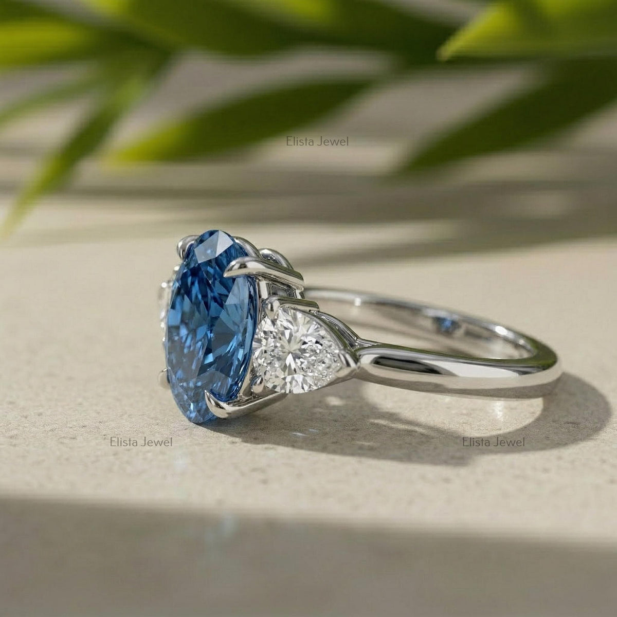 Oval Blue Sapphire Three Stone Engagement Ring, Trillion Diamonds, Platinum Band, IGI Certified