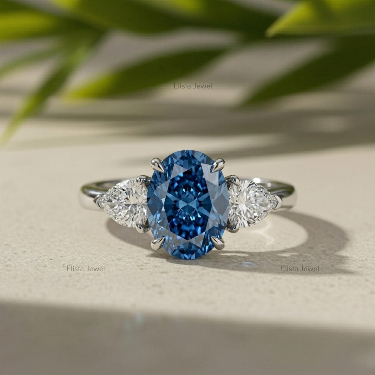Oval Blue Sapphire Three Stone Engagement Ring, Trillion Diamonds, Platinum Band, IGI Certified