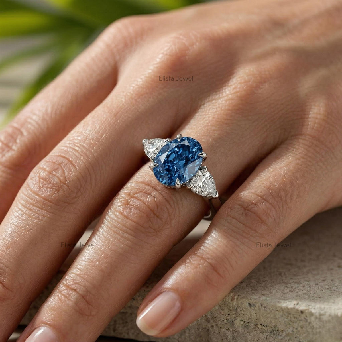 Oval Blue Sapphire Three Stone Engagement Ring, Trillion Diamonds, Platinum Band, IGI Certified