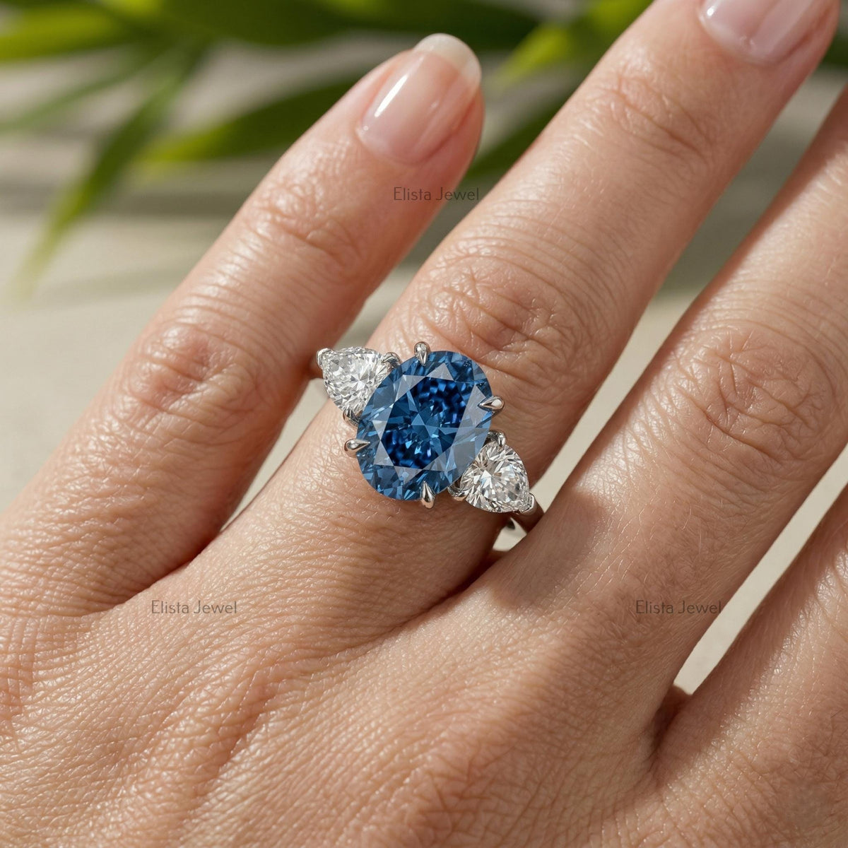 Oval Blue Sapphire Three Stone Engagement Ring, Trillion Diamonds, Platinum Band, IGI Certified