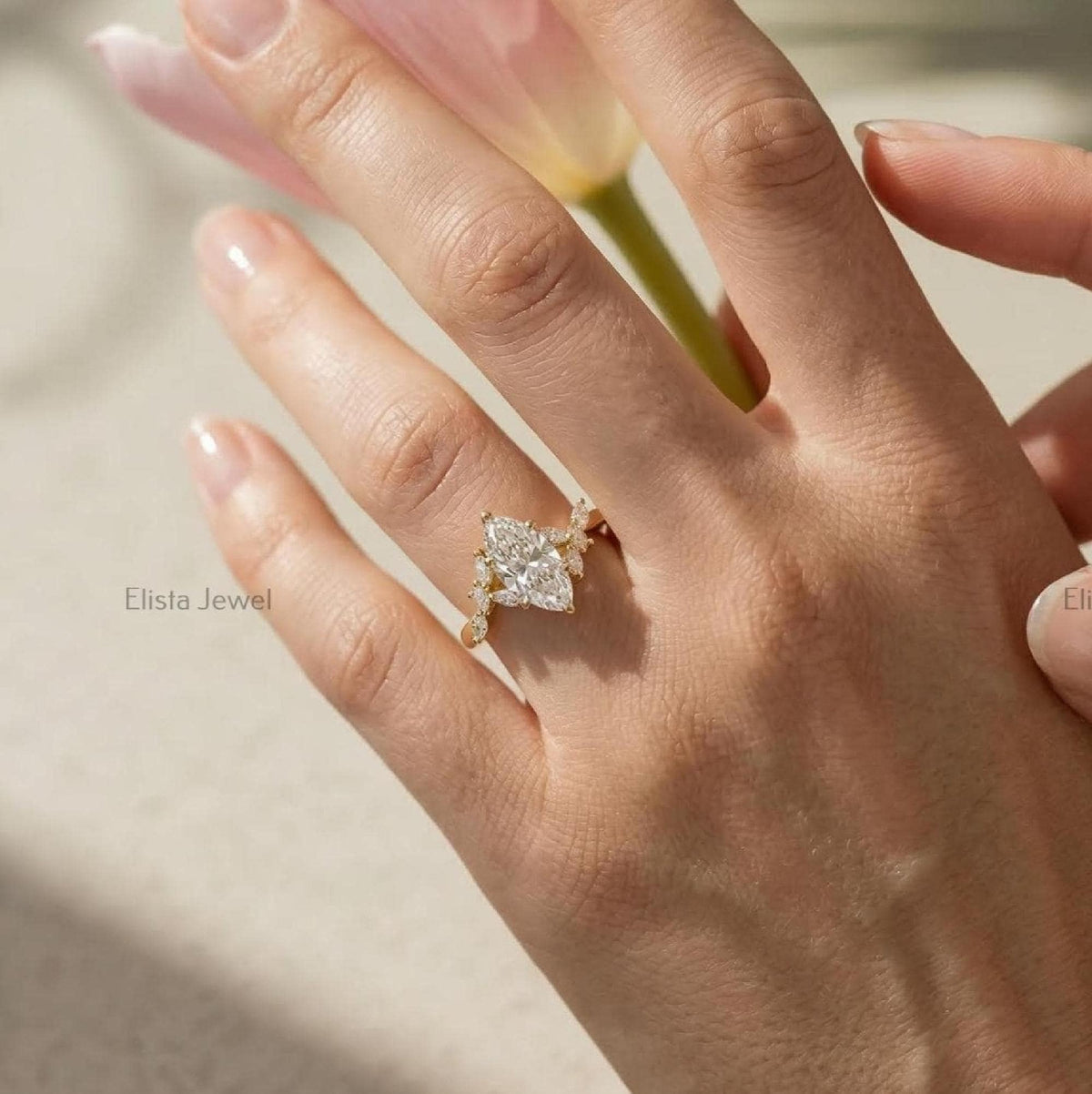 Marquise Lab Grown Diamond Leaf Vine Engagement Ring 14K Yellow Gold (IGI Certified)