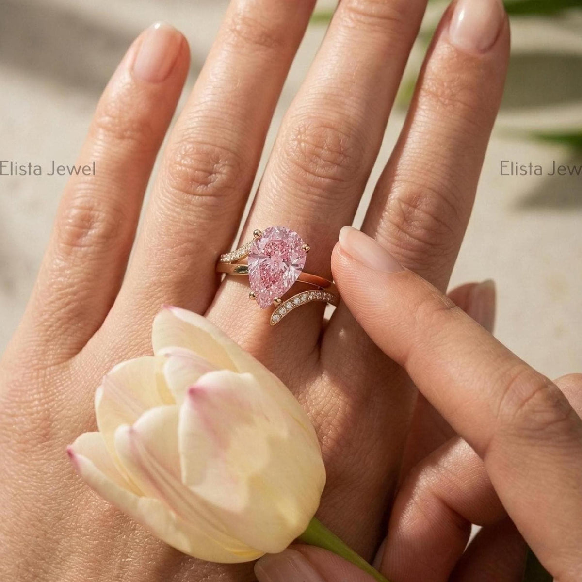 Pink Diamond Ring, Pear Shaped Lab Engagement Rose Gold Split Shank Pave IGI Certified