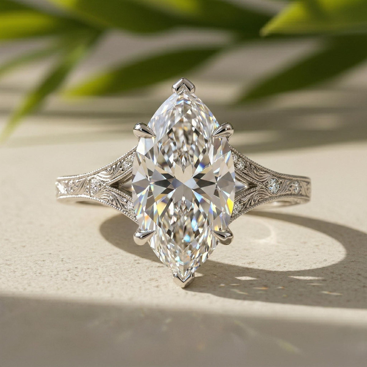 Marquise Lab Grown Diamond Engagement Ring, 14K White Gold Filigree Split Shank (IGI Certified)
