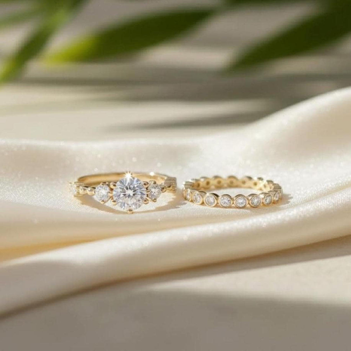 Lab-Grown Round Diamond Engagement Ring Set, 14K Yellow Gold