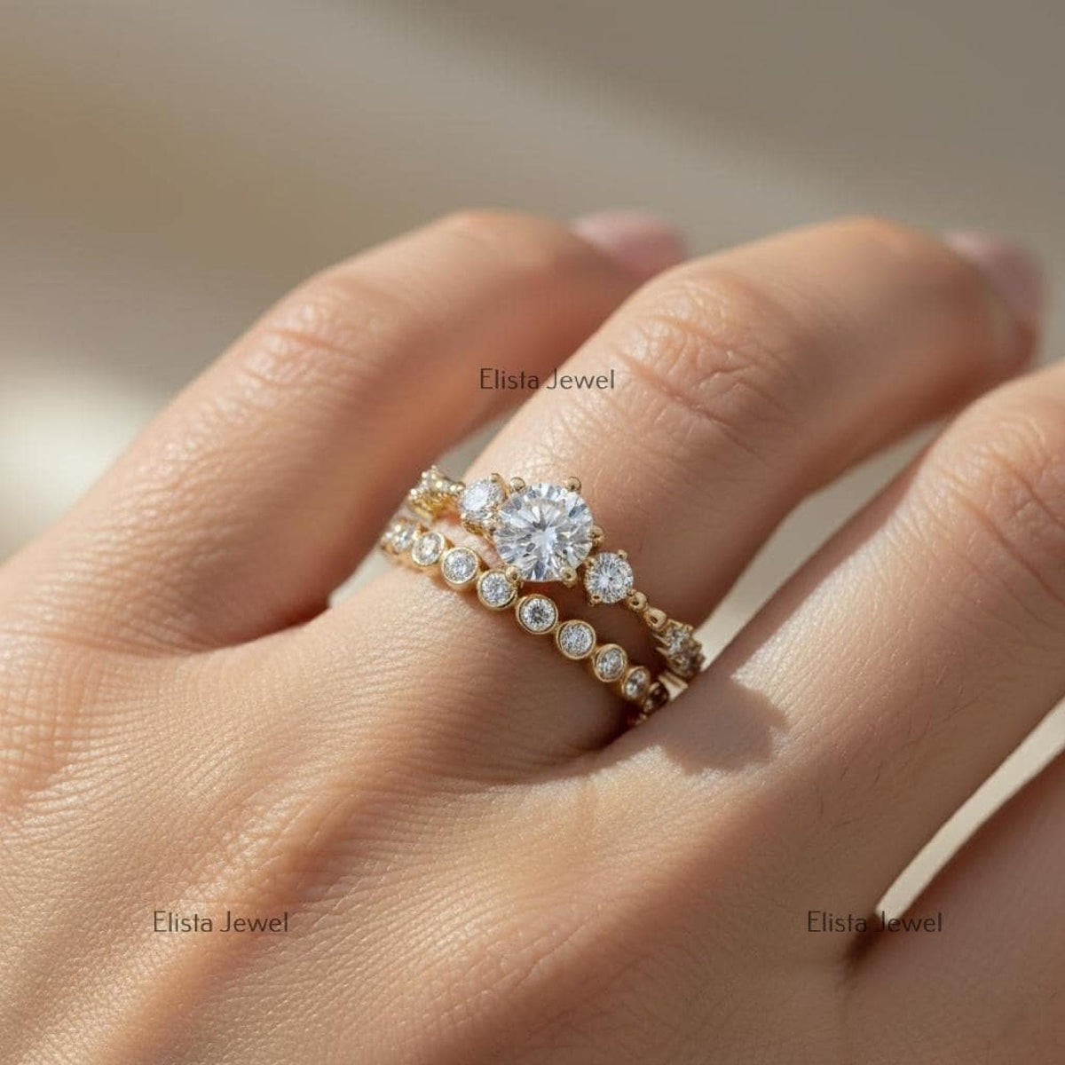 Lab-Grown Round Diamond Engagement Ring Set, 14K Yellow Gold