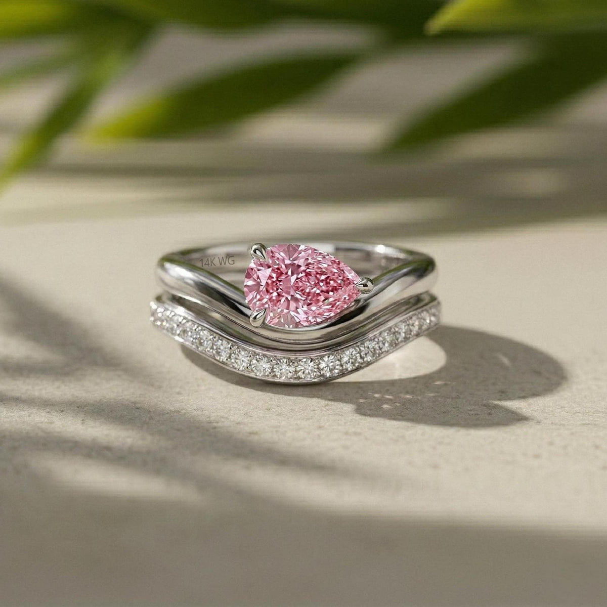 Pear Lab Grown Diamond Set, 14K White Gold Pave Band, IGI Certified Pink Ring