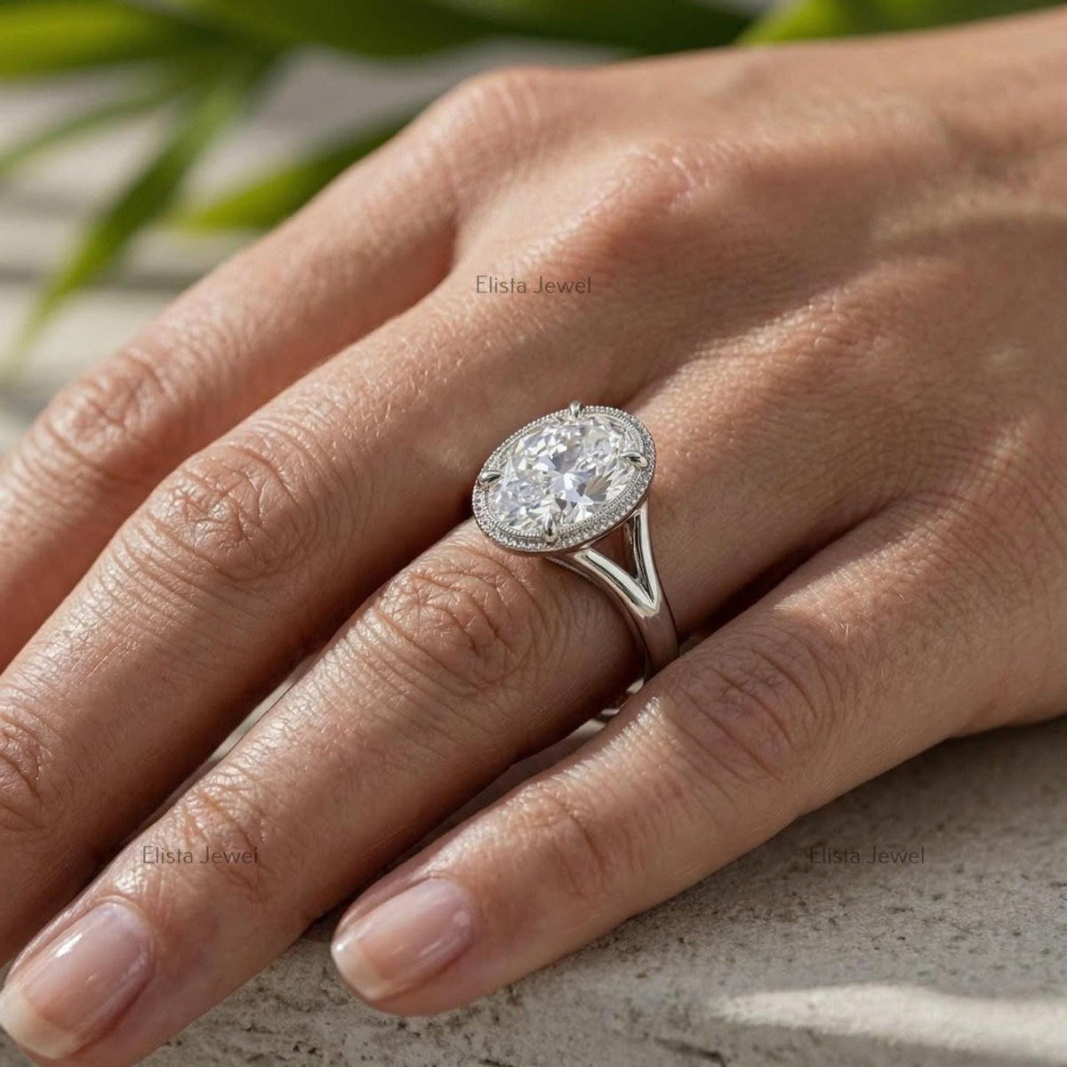 Oval Lab Grown Diamond Engagement Ring, Split Shank Milgrain Bezel, IGI Certified Statement Ring