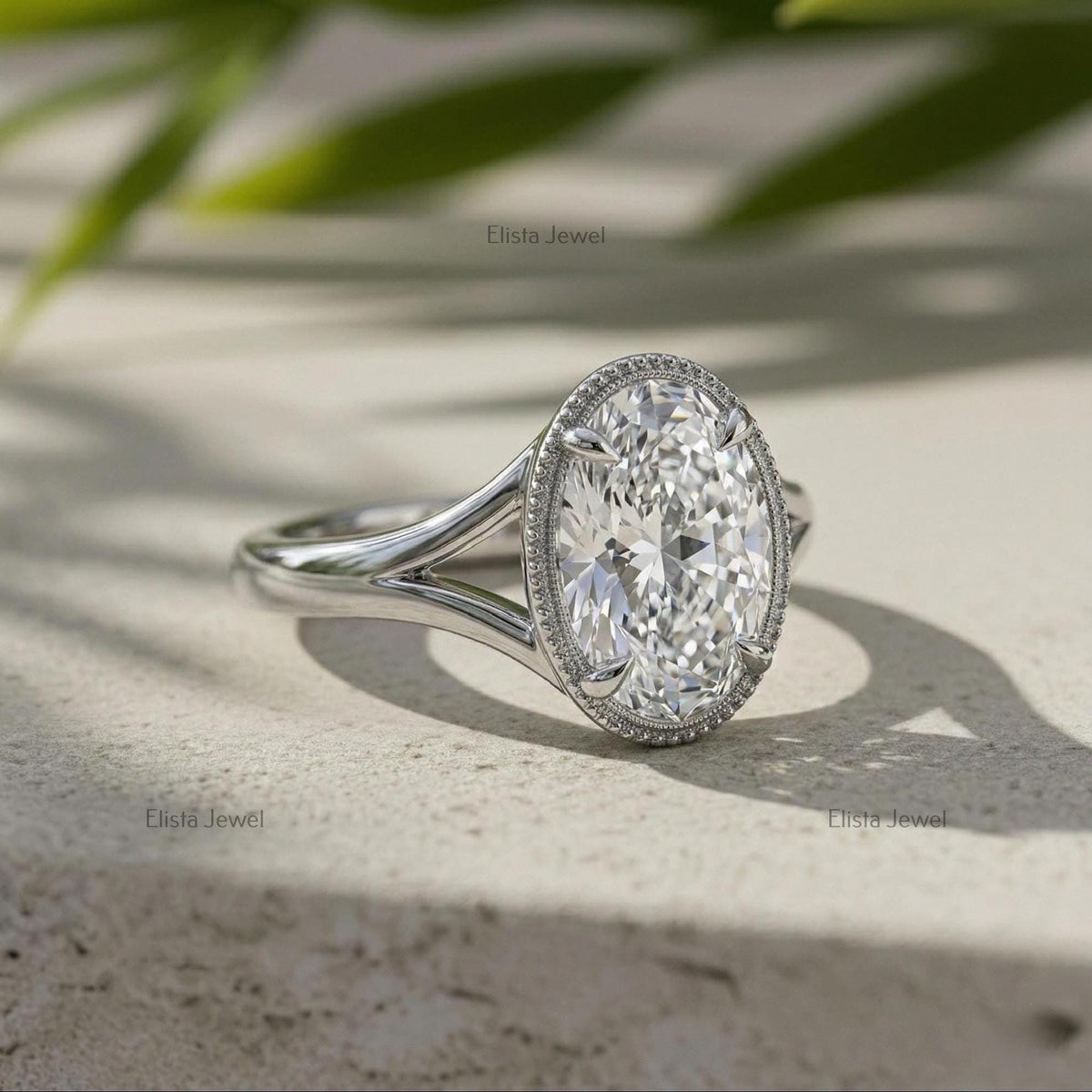 Oval Lab Grown Diamond Engagement Ring, Split Shank Milgrain Bezel, IGI Certified Statement Ring