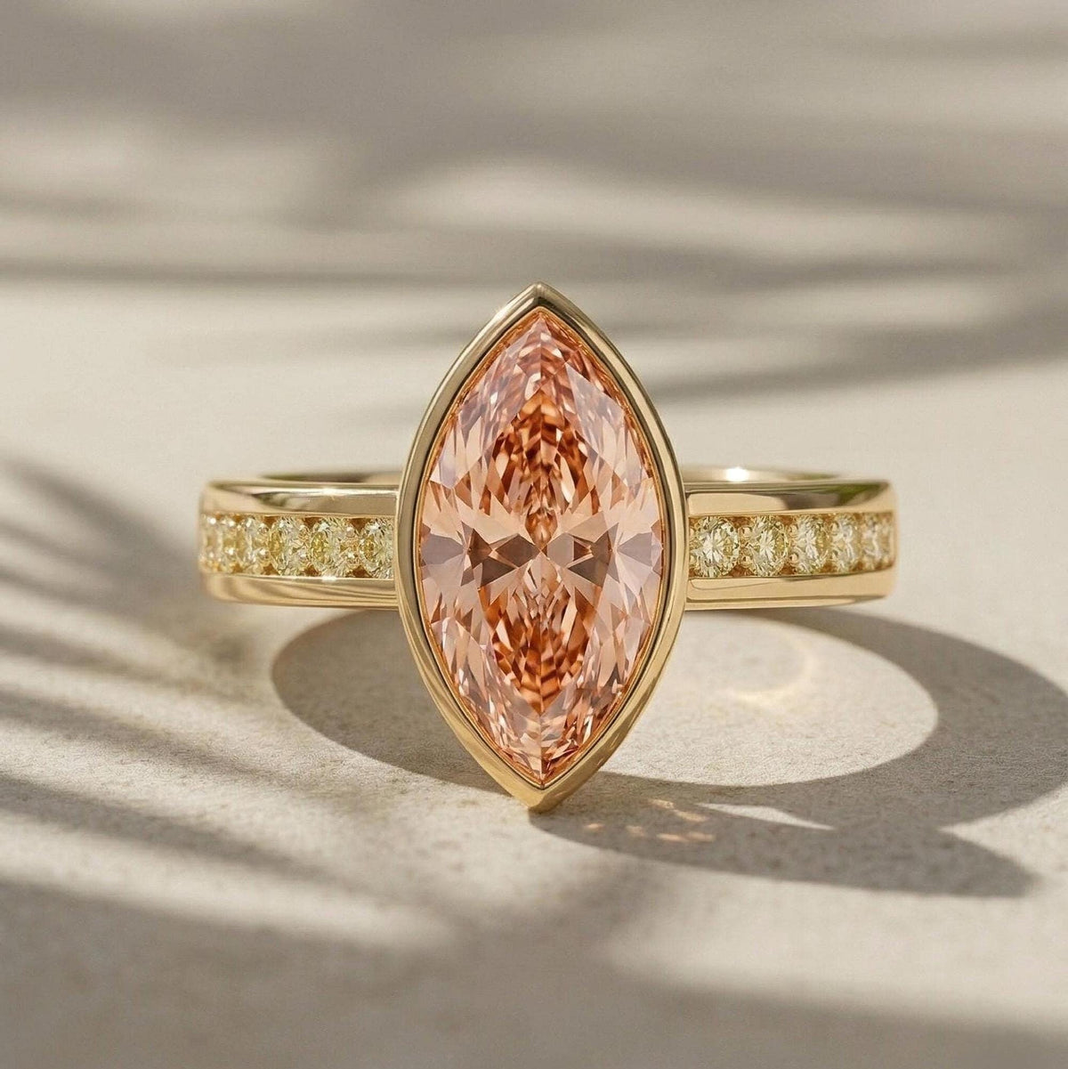 IGI Certified Pink Marquise Lab Diamond Engagement Ring, 18K Yellow Gold Channel Set