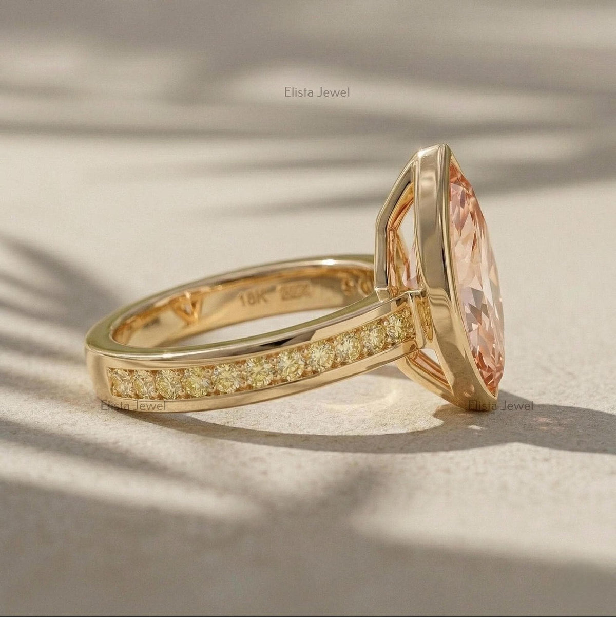 IGI Certified Pink Marquise Lab Diamond Engagement Ring, 18K Yellow Gold Channel Set