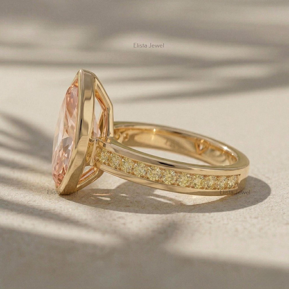IGI Certified Pink Marquise Lab Diamond Engagement Ring, 18K Yellow Gold Channel Set