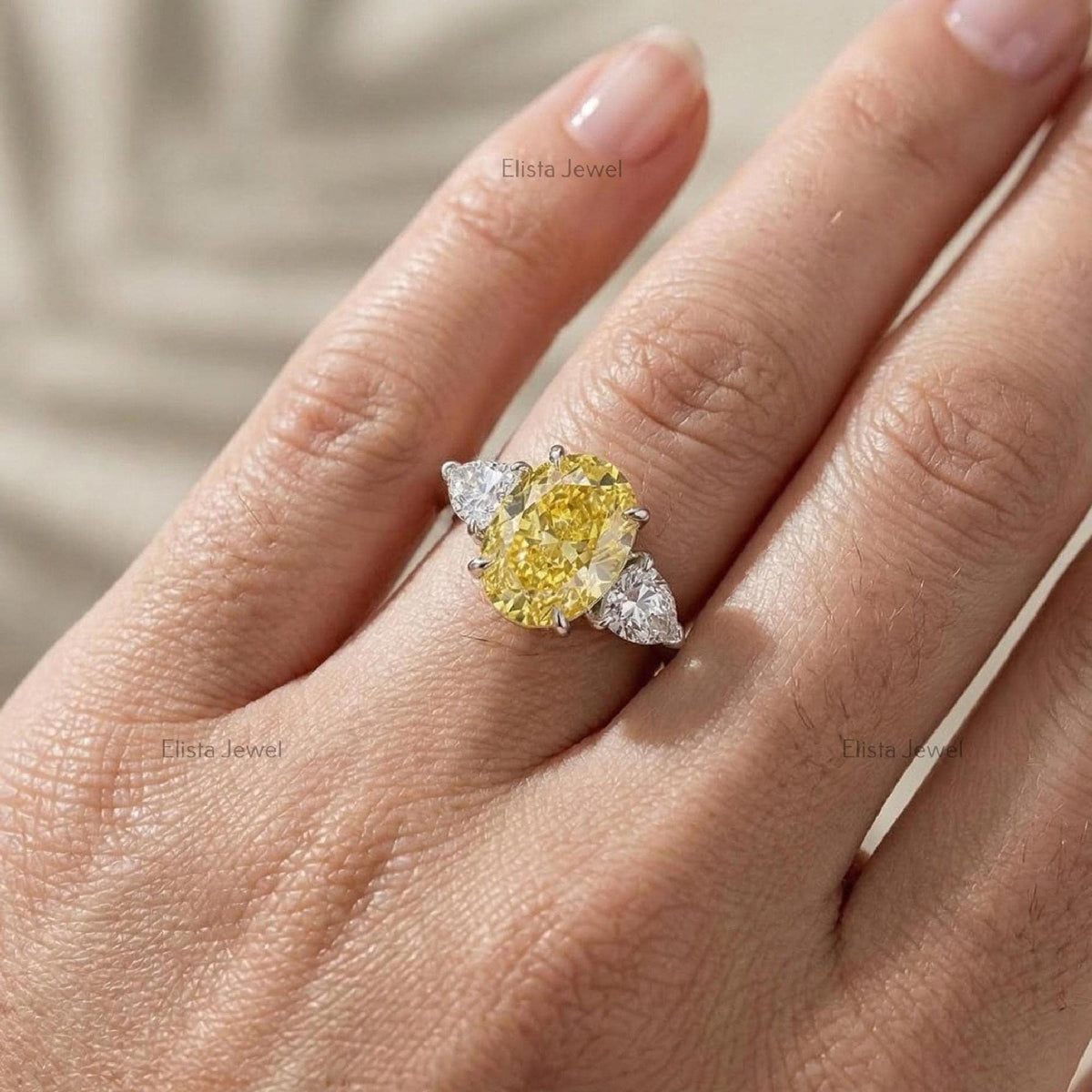 Oval Lab Grown Yellow Diamond Three Stone Engagement Ring, 950 Platinum, IGI Certified
