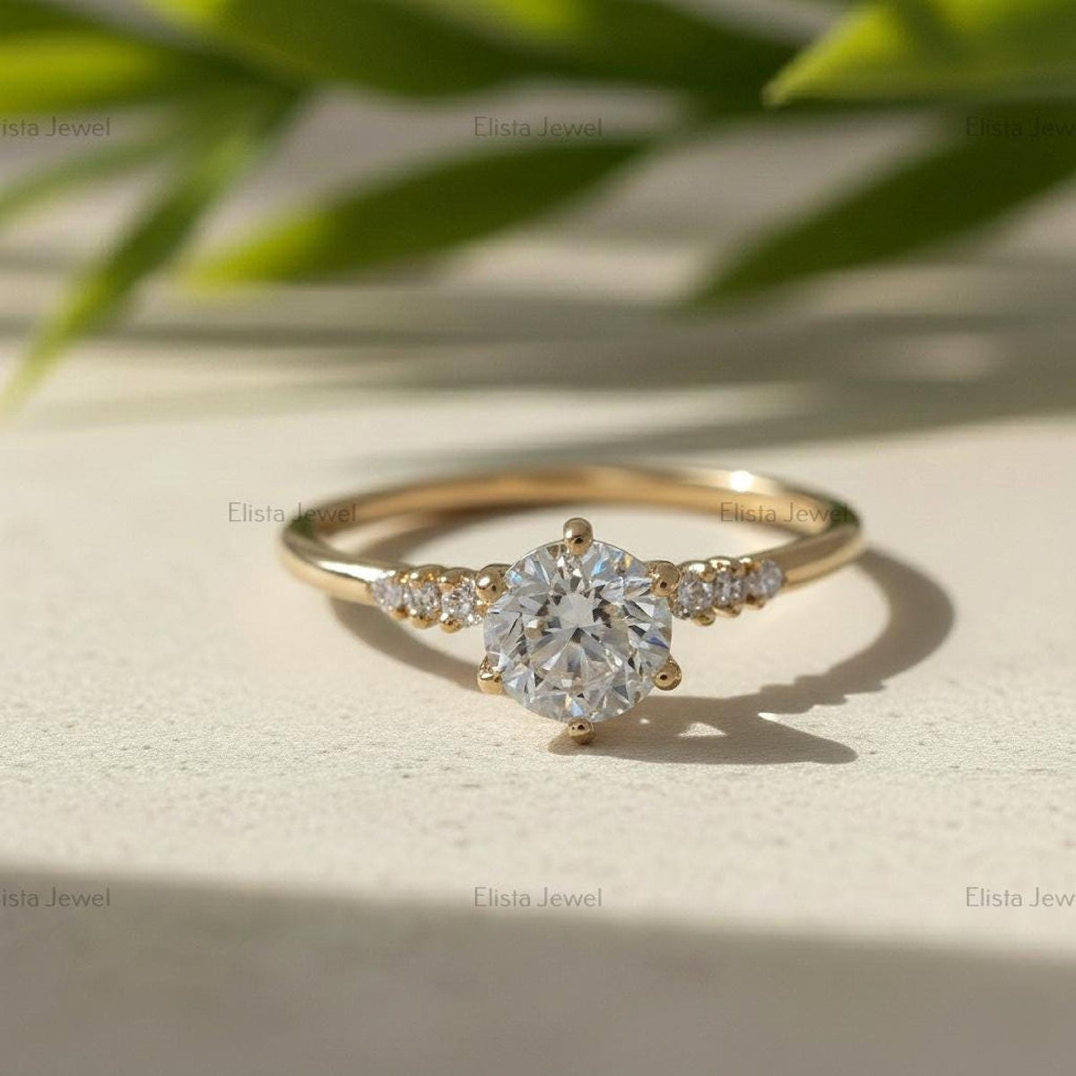 Round Diamond Ring Lab Grown Engagement 14K Yellow Gold Dainty Side Stone Band