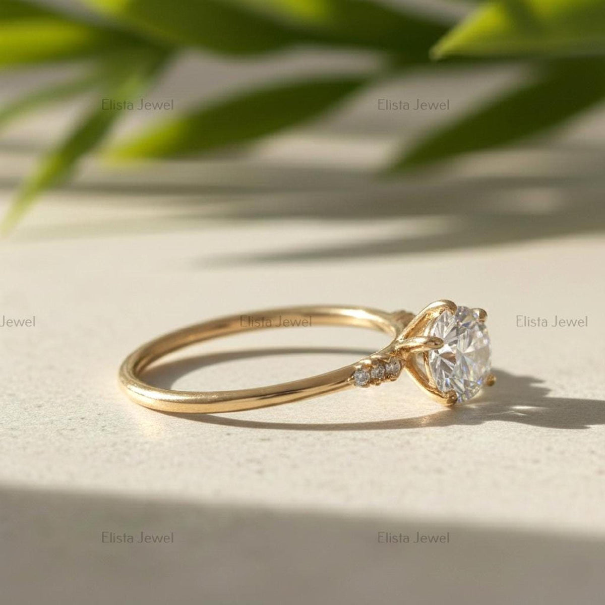 Round Diamond Ring Lab Grown Engagement 14K Yellow Gold Dainty Side Stone Band