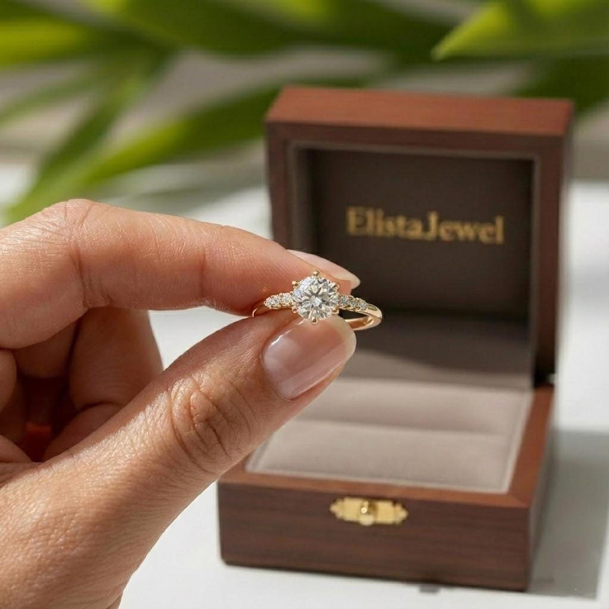 Round Diamond Ring Lab Grown Engagement 14K Yellow Gold Dainty Side Stone Band