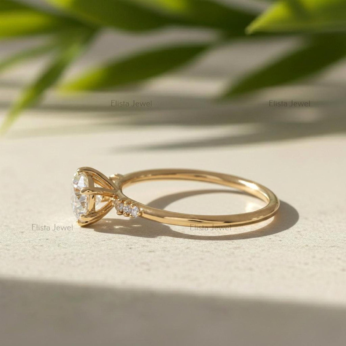 Round Diamond Ring Lab Grown Engagement 14K Yellow Gold Dainty Side Stone Band
